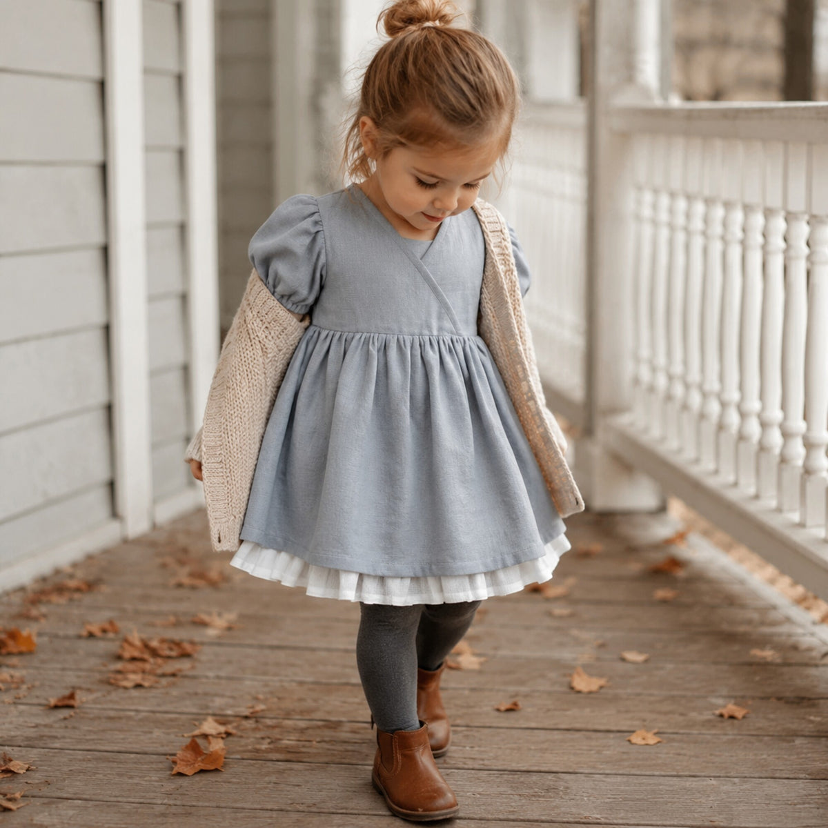 Older girl wearing the blue puff sleeve dress with cardigan and tights in fall