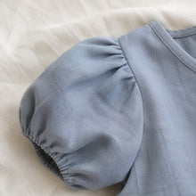 Girls Dusty Blue Linen Puff Sleeve Dress with White Ruffle Hem, Fall Birthday Outfit