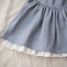 Girls Dusty Blue Linen Puff Sleeve Dress with White Ruffle Hem, Fall Birthday Outfit