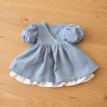 Girls Dusty Blue Linen Puff Sleeve Dress with White Ruffle Hem, Fall Birthday Outfit