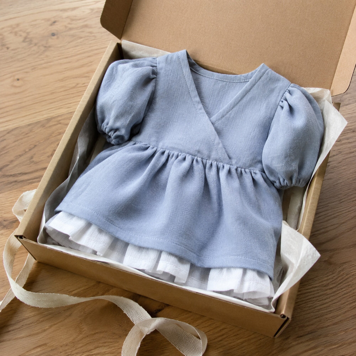 Dusty blue linen girls dress folded in a simple kraft gift box