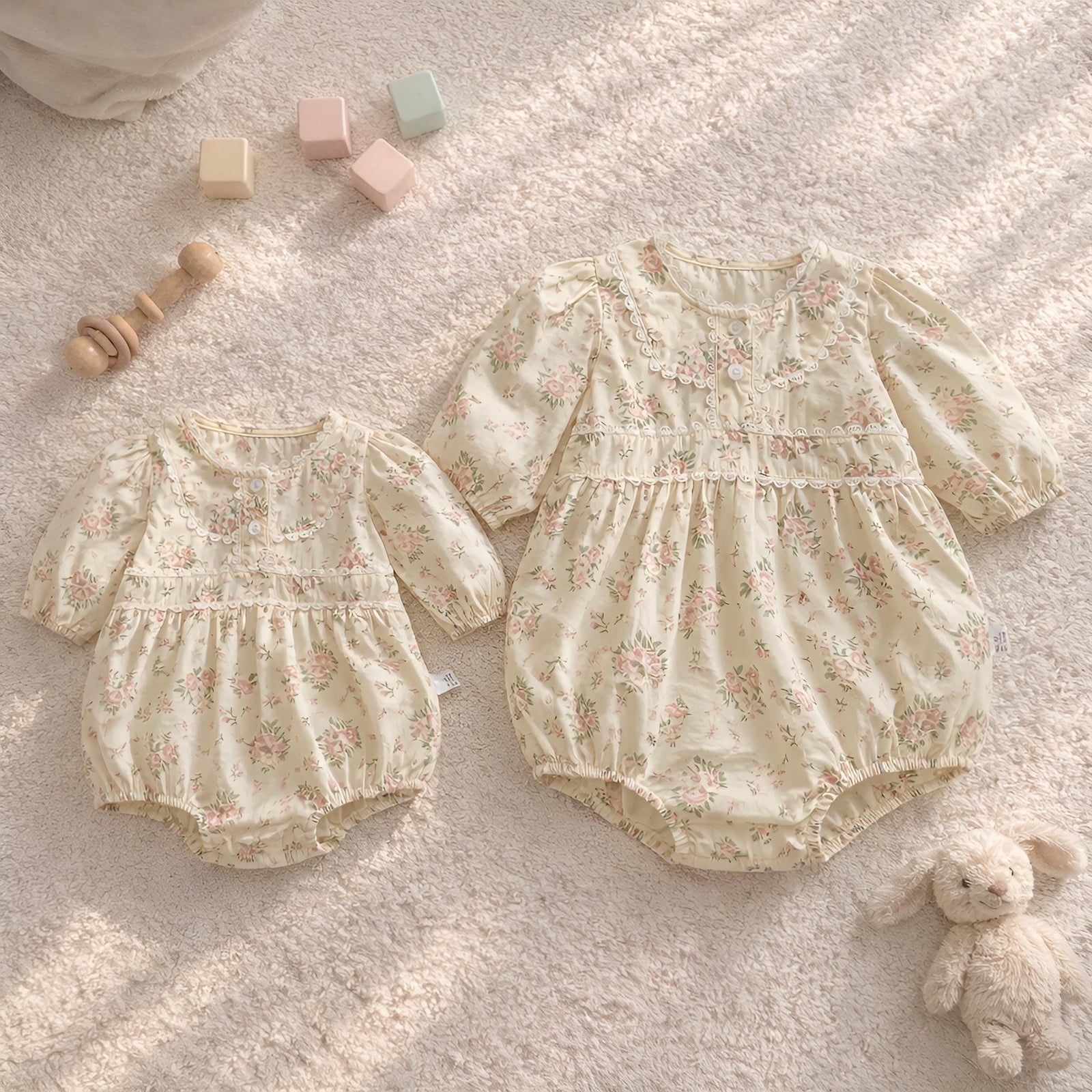 Baby Girl Floral Cotton Romper, Lace Collar, Spring Toddler Outfit