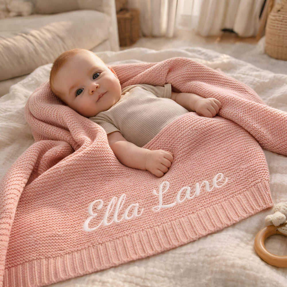 Custom Embroidered Cotton Knit Baby Blanket, Soft Stroller Blanket, Newborn Keepsake