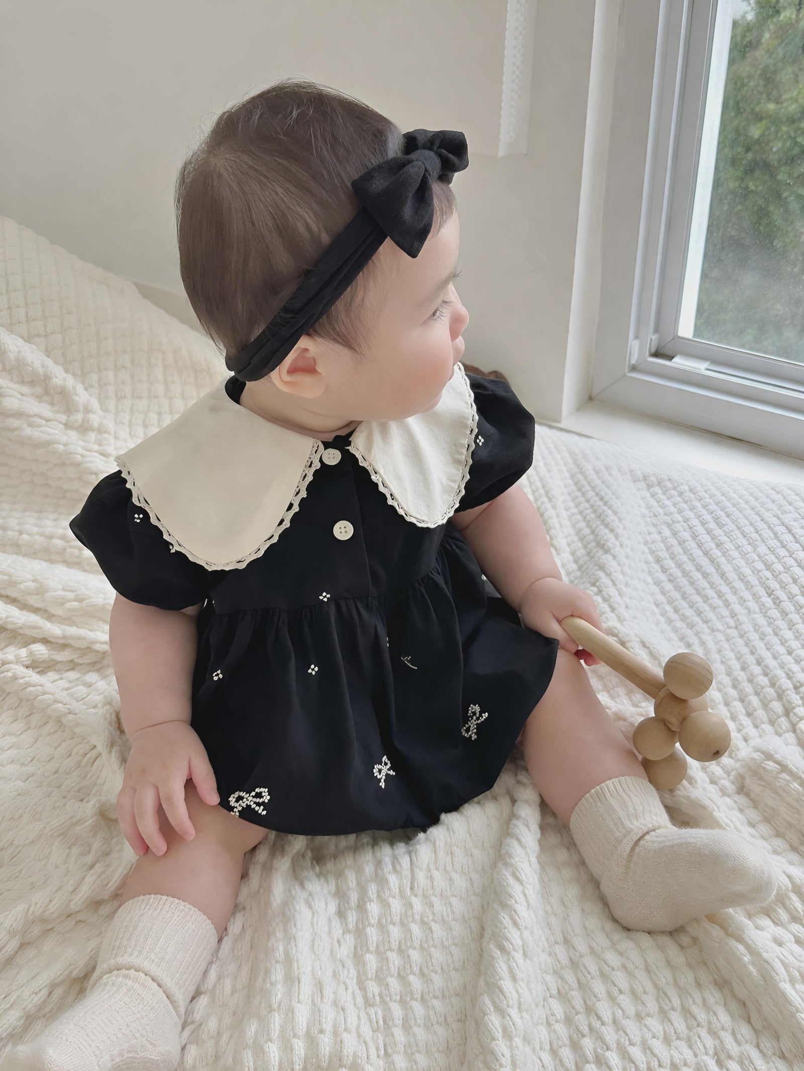 Toddler Girl Cotton Romper, Bow Embroidery Lapel, Soft Loose Baby Clothes