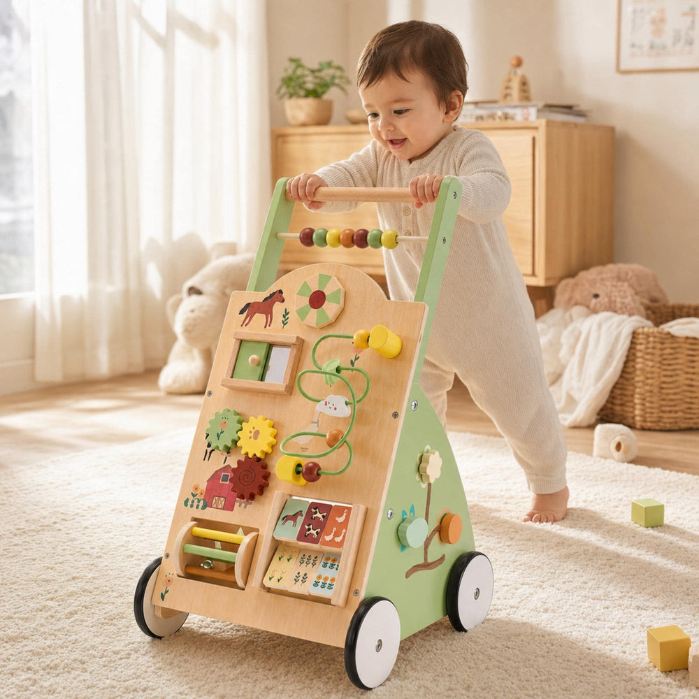 Wooden Baby Walker with Activity Center, Montessori Push Toy for Toddlers, First Birthday Gift