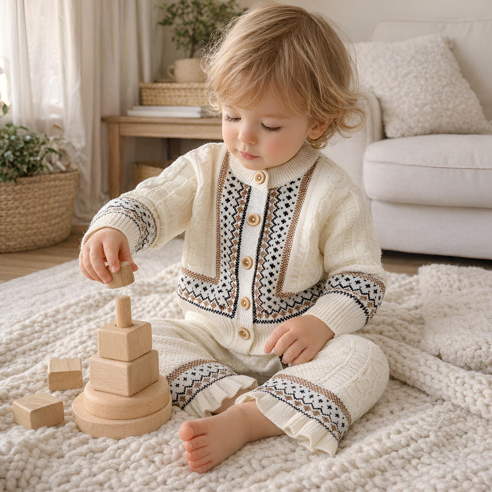 Retro Jacquard Toddler Sweater Set Cozy Fall Winter Spring Outfit 2-6Y