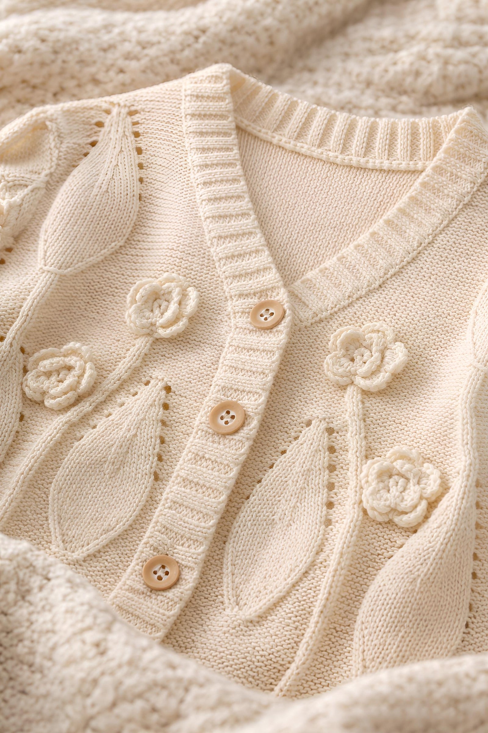 Baby Girl Cotton Cardigan, Floral Embroidered Knit Sweater, Wooden Buttons, Infant Toddler Outfit