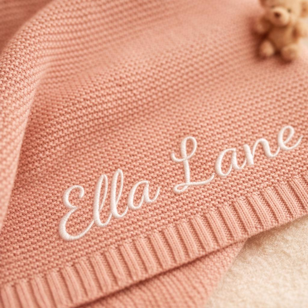 Personalized Embroidered Cotton Knit Baby Blanket, Custom Name Keepsake