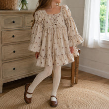Girls Beige Floral Ruffle Dress, Long Puff Sleeve Fall and Back to School Outfit
