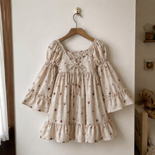 Girls Beige Floral Ruffle Dress, Long Puff Sleeve Fall and Back to School Outfit