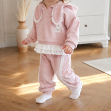 Girls Pink Bunny Ear Hoodie and Lace Ruffle Pants Set, 2-Piece Ribbed Outfit