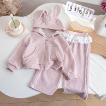Girls Pink Bunny Ear Hoodie and Lace Ruffle Pants Set, 2-Piece Ribbed Outfit