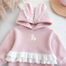Girls Pink Bunny Ear Hoodie and Lace Ruffle Pants Set, 2-Piece Ribbed Outfit