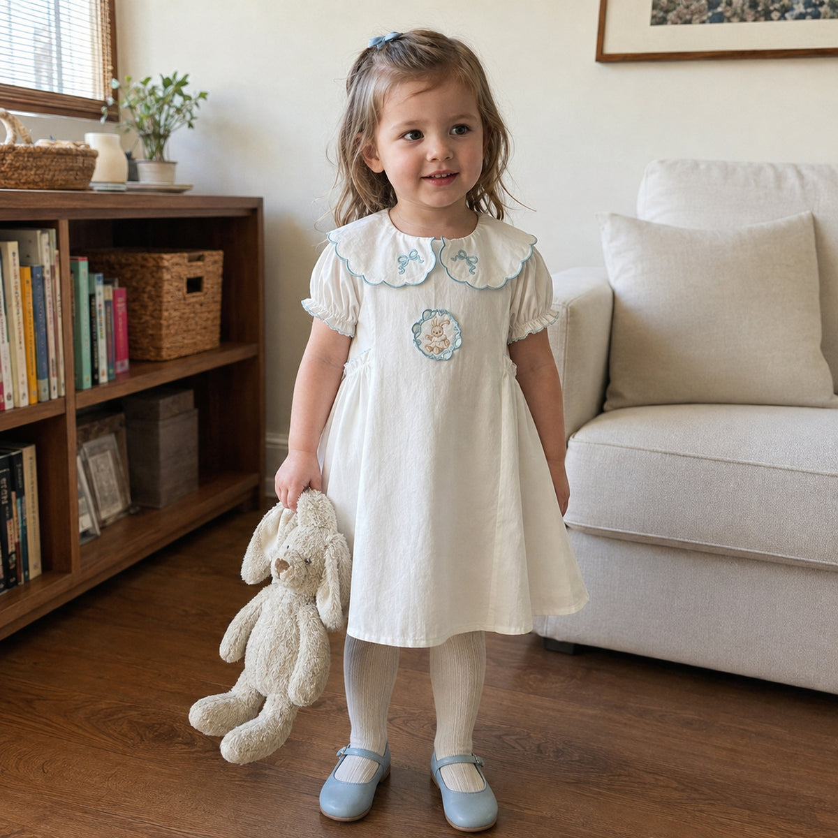 Girls Blue Bunny Cotton Dress, Scalloped Peter Pan Collar — natural lifestyle front view