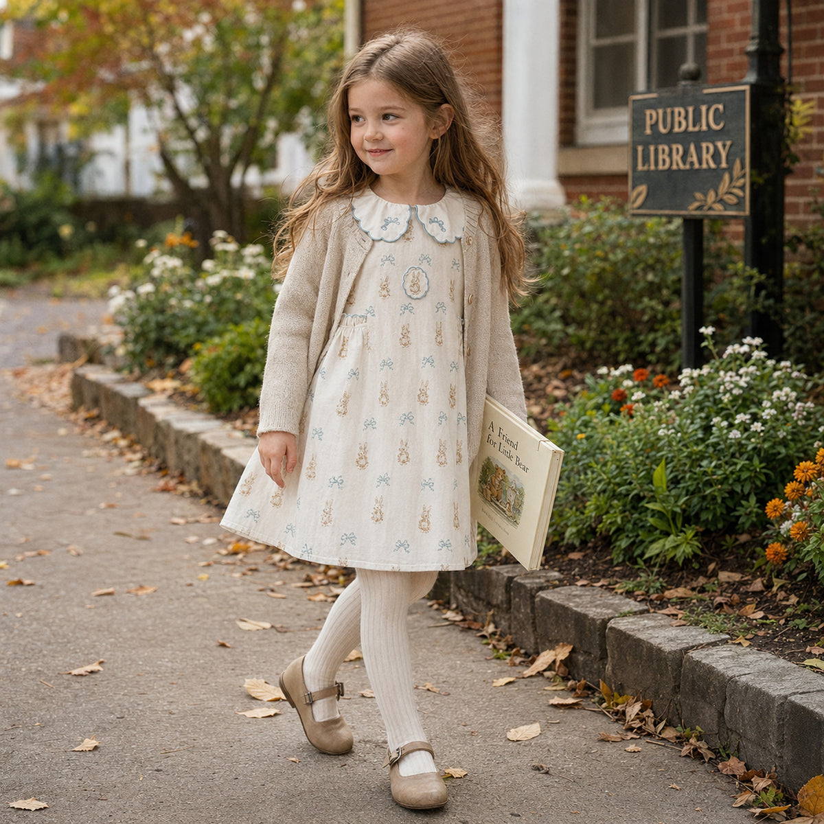 Girls Blue Bunny Cotton Dress, Scalloped Peter Pan Collar — alternate-age lifestyle view