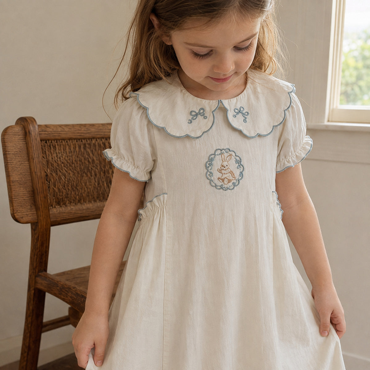 Girls Blue Bunny Cotton Dress, Scalloped Peter Pan Collar — candid everyday styling