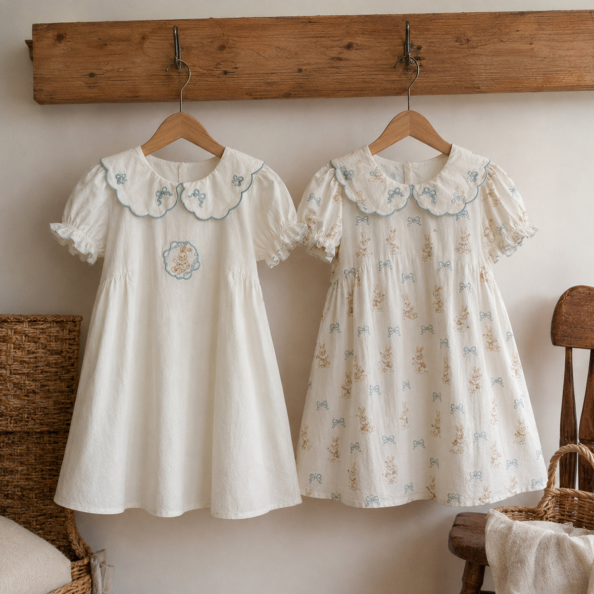 Girls Blue Bunny Cotton Dress, Scalloped Peter Pan Collar — wooden hanger product view