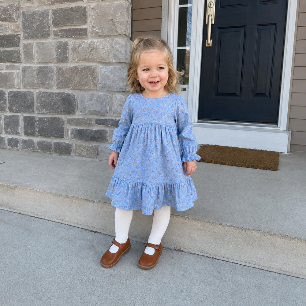 Girls Floral Tiered Dress, Blue or Pink Long Sleeve Outfit