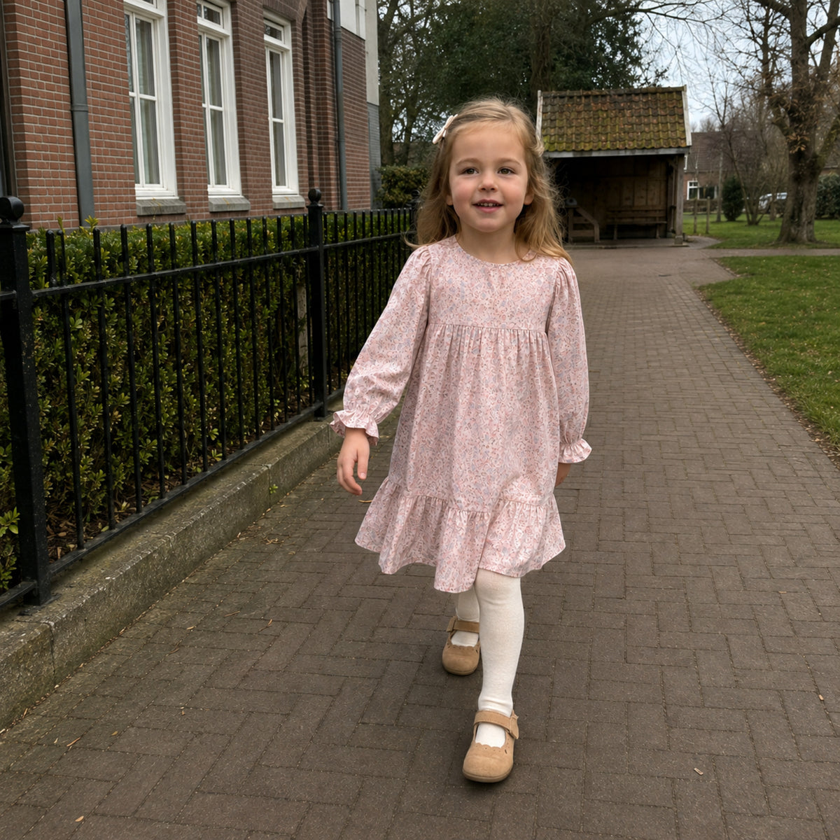 Girls Floral Tiered Dress, Blue or Pink Long Sleeve Outfit — alternate-age lifestyle view