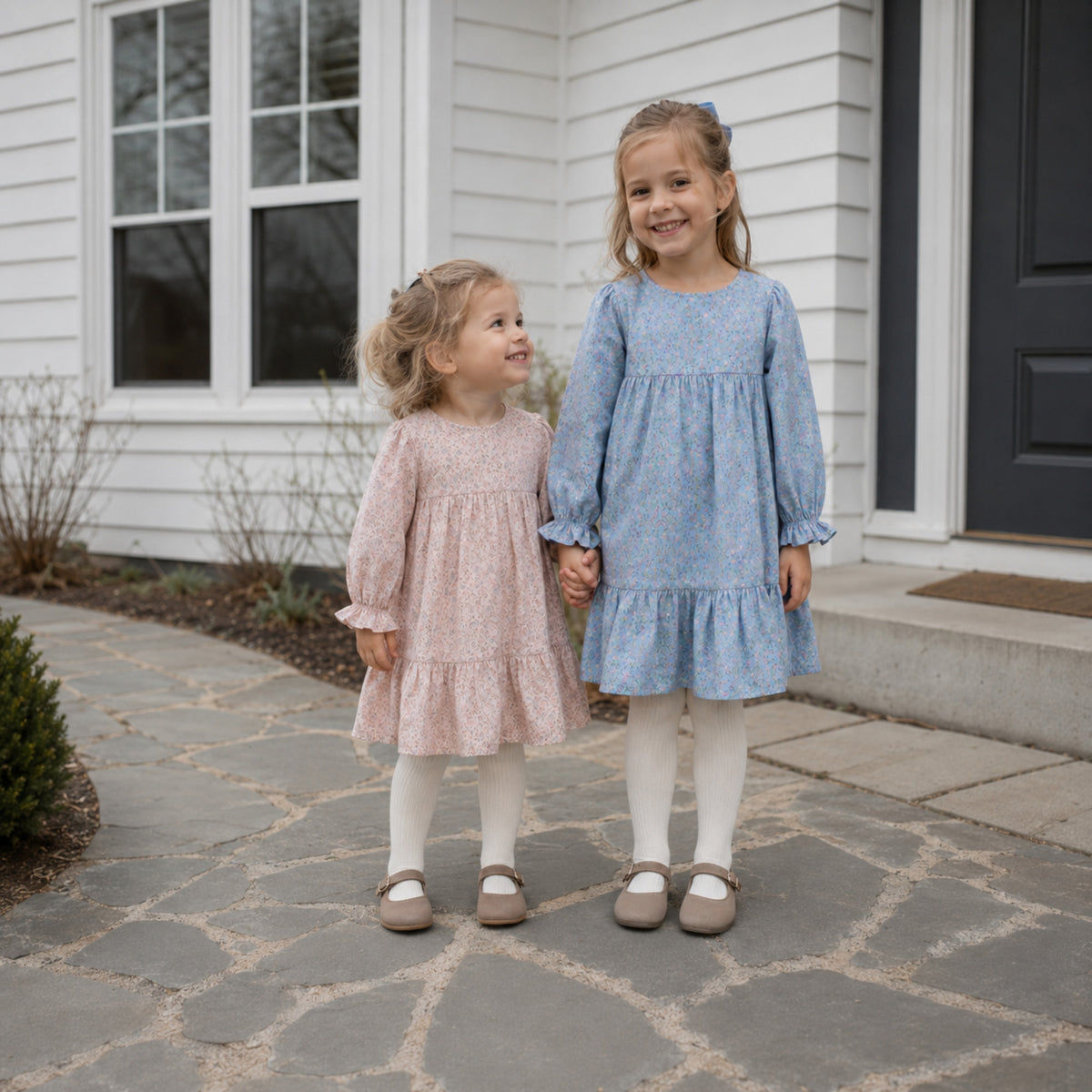 Girls Floral Tiered Dress, Blue or Pink Long Sleeve Outfit — second lifestyle angle