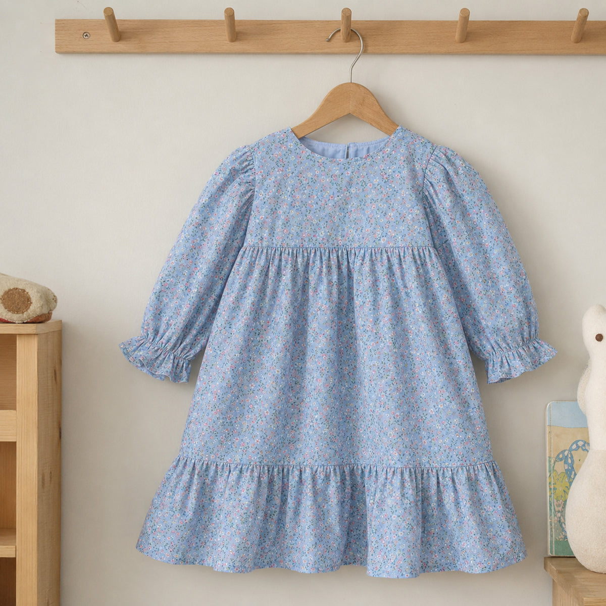 Girls Floral Tiered Dress, Blue or Pink Long Sleeve Outfit — styled flat lay
