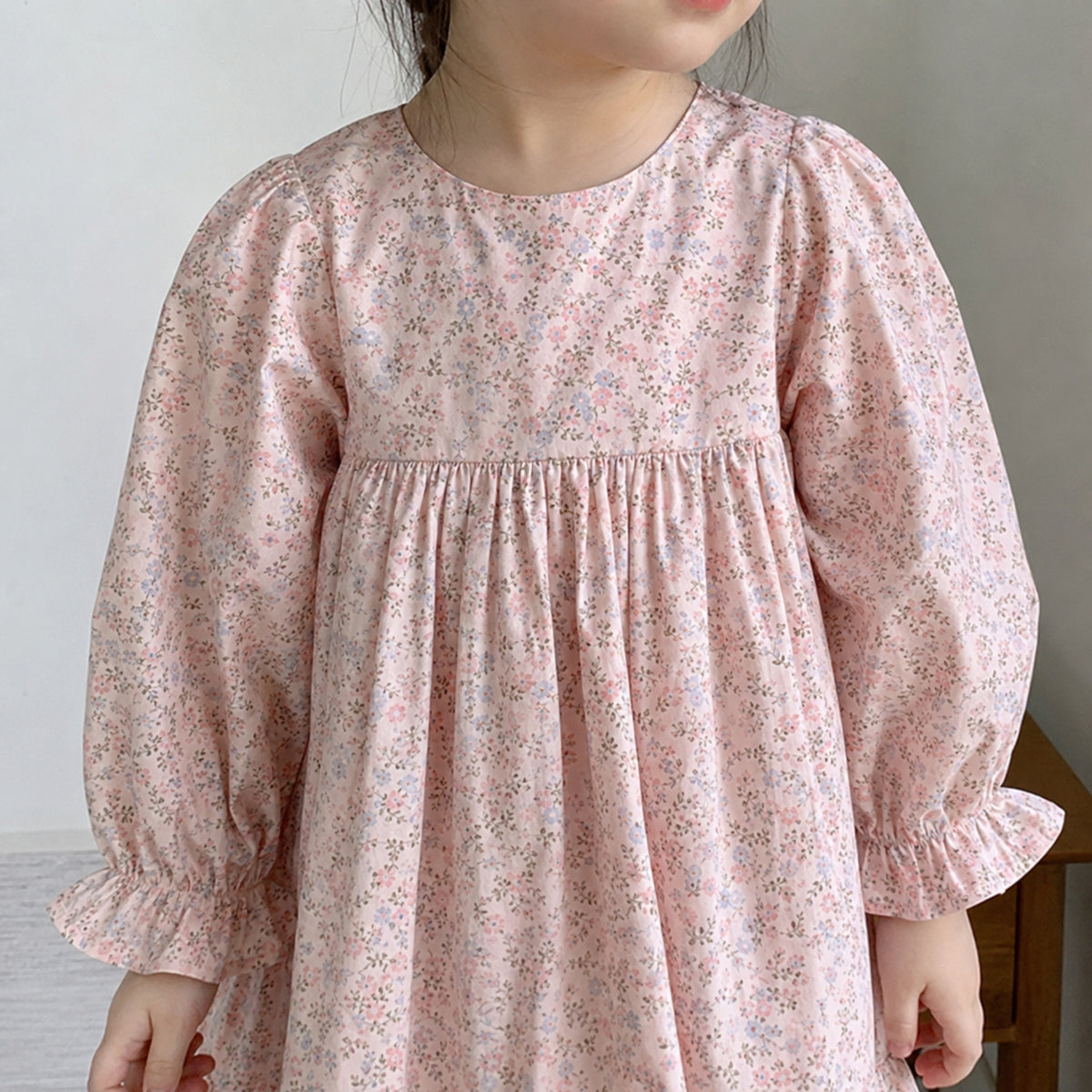 Girls Floral Tiered Dress, Blue or Pink Long Sleeve Outfit — neckline and bodice close-up