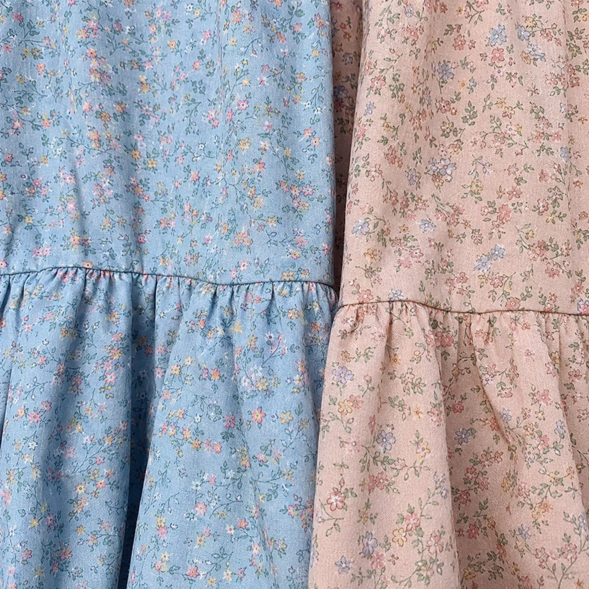 Girls Floral Tiered Dress, Blue or Pink Long Sleeve Outfit — fabric and seam detail