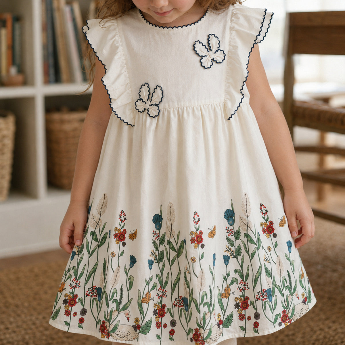 Girls botanical cotton separates — butterfly bodice and floral hem close-up