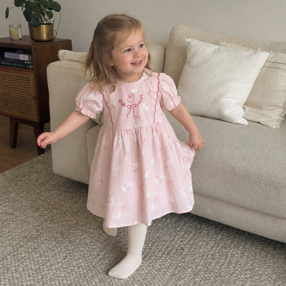 Girls Bunny Bow Cotton Dress, Ivory or Pink Short Sleeve Outfit