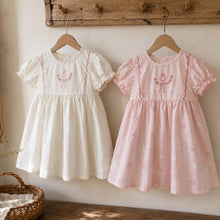 Girls Bunny Bow Cotton Dress, Ivory or Pink Short Sleeve Outfit