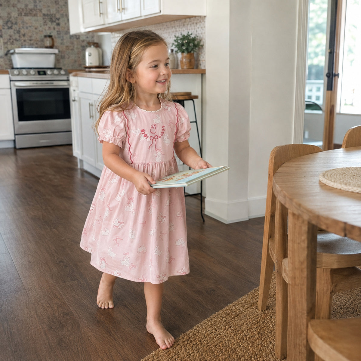 Girls bunny bow cotton dress — pink dress everyday kitchen view