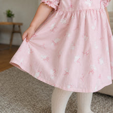 Girls Bunny Bow Cotton Dress, Ivory or Pink Short Sleeve Outfit