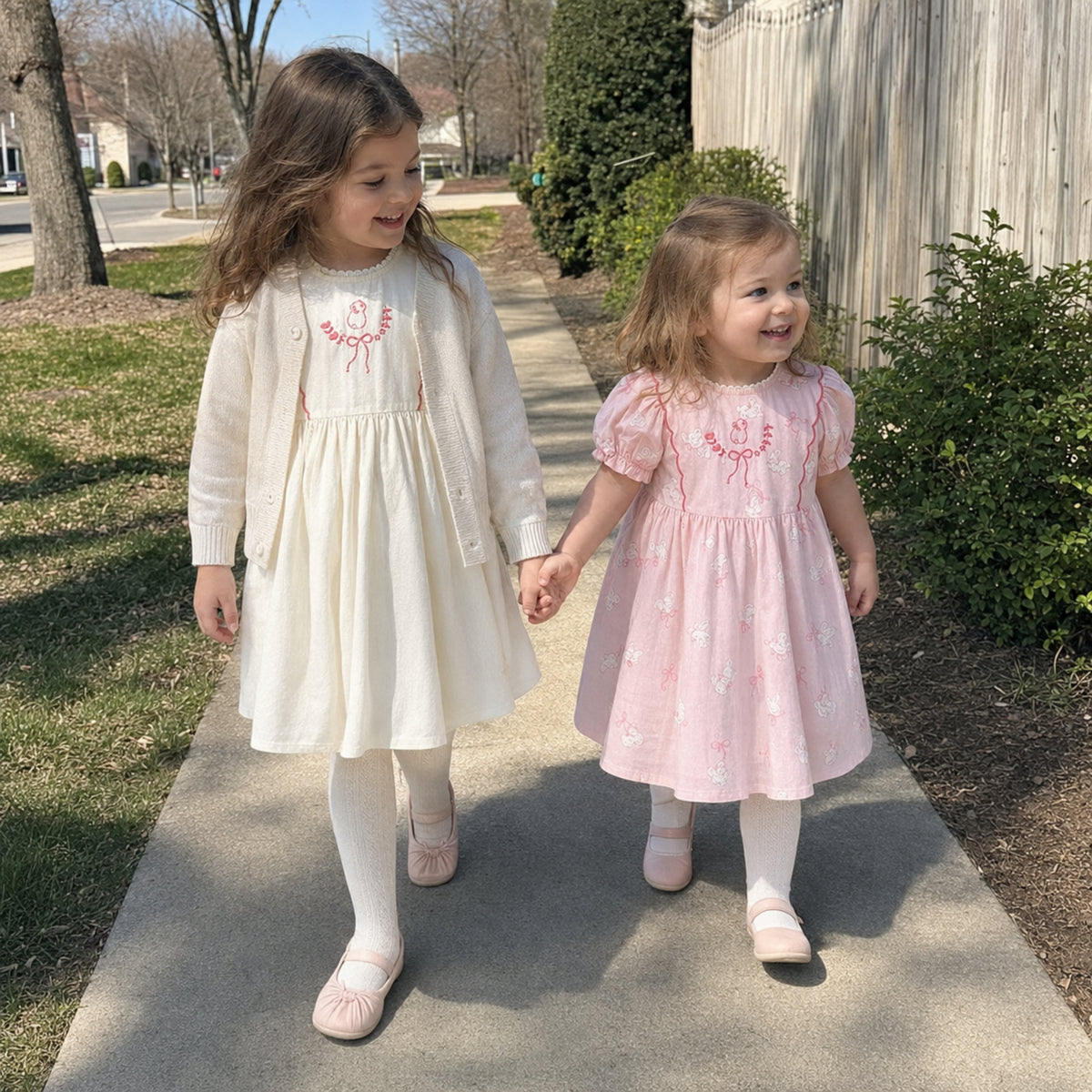 Girls bunny bow cotton dress — ivory and pink sibling outdoor view