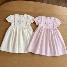 Girls Bunny Bow Cotton Dress, Ivory or Pink Short Sleeve Outfit