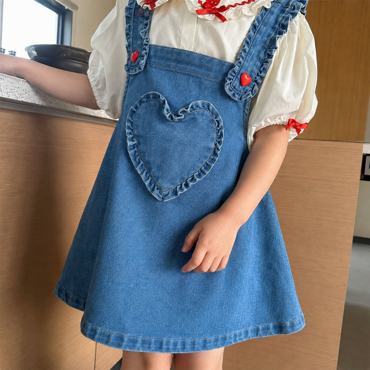Girls Denim Pinafore Dress, Heart Pocket Western Toddler Jumper — candid everyday styling