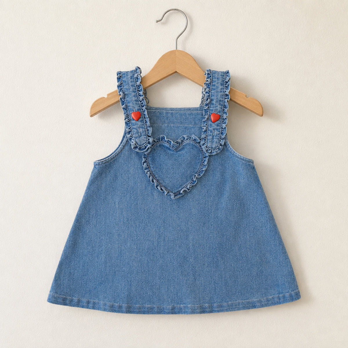 Girls Denim Pinafore Dress, Heart Pocket Western Toddler Jumper — wooden hanger product view