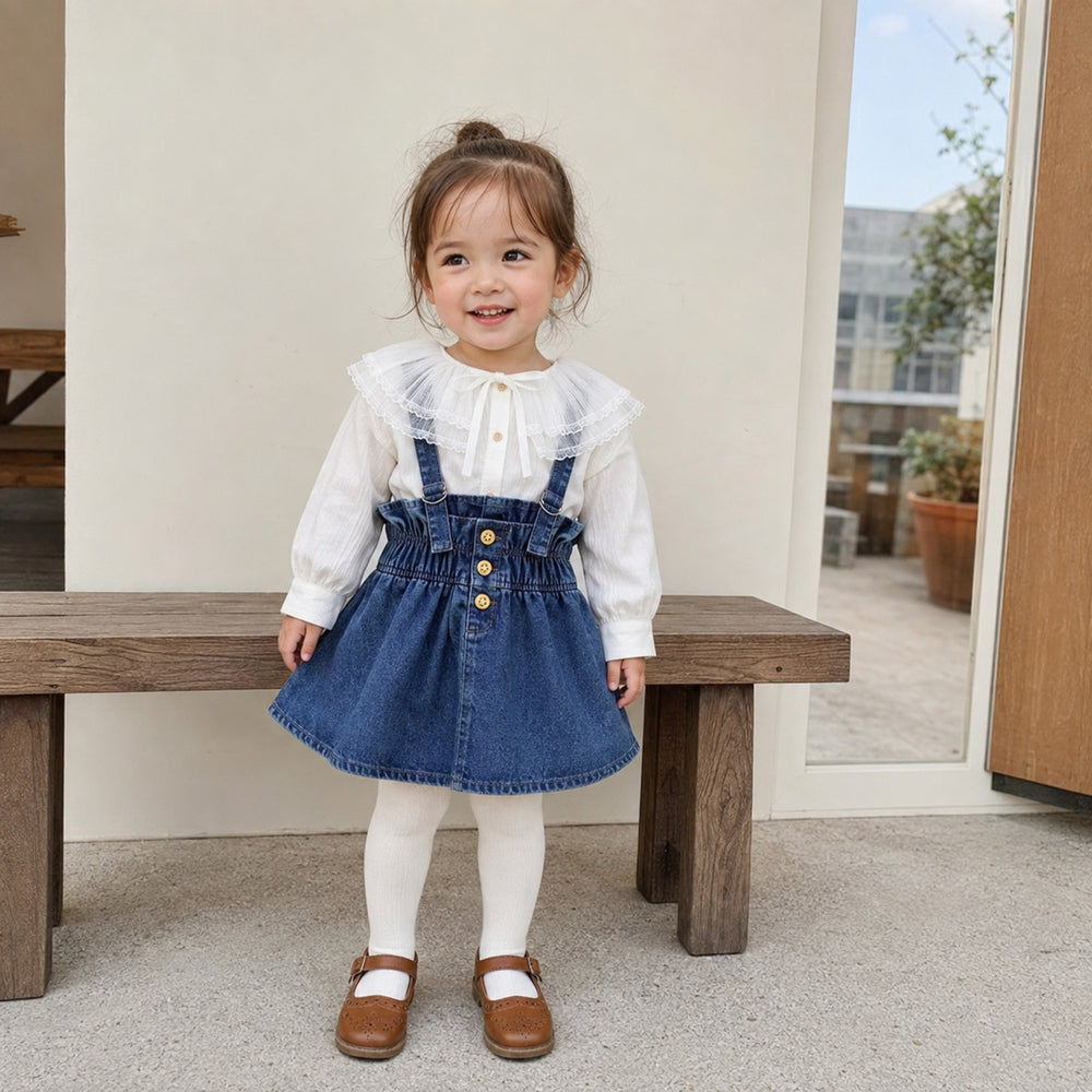 Girls Denim Pinafore Dress Set or Ivory Pleated Dress
