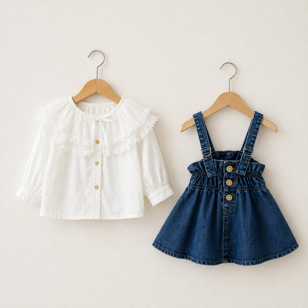 Girls Denim Pinafore Set or Ivory Pleated Dress — neckline and bodice close-up