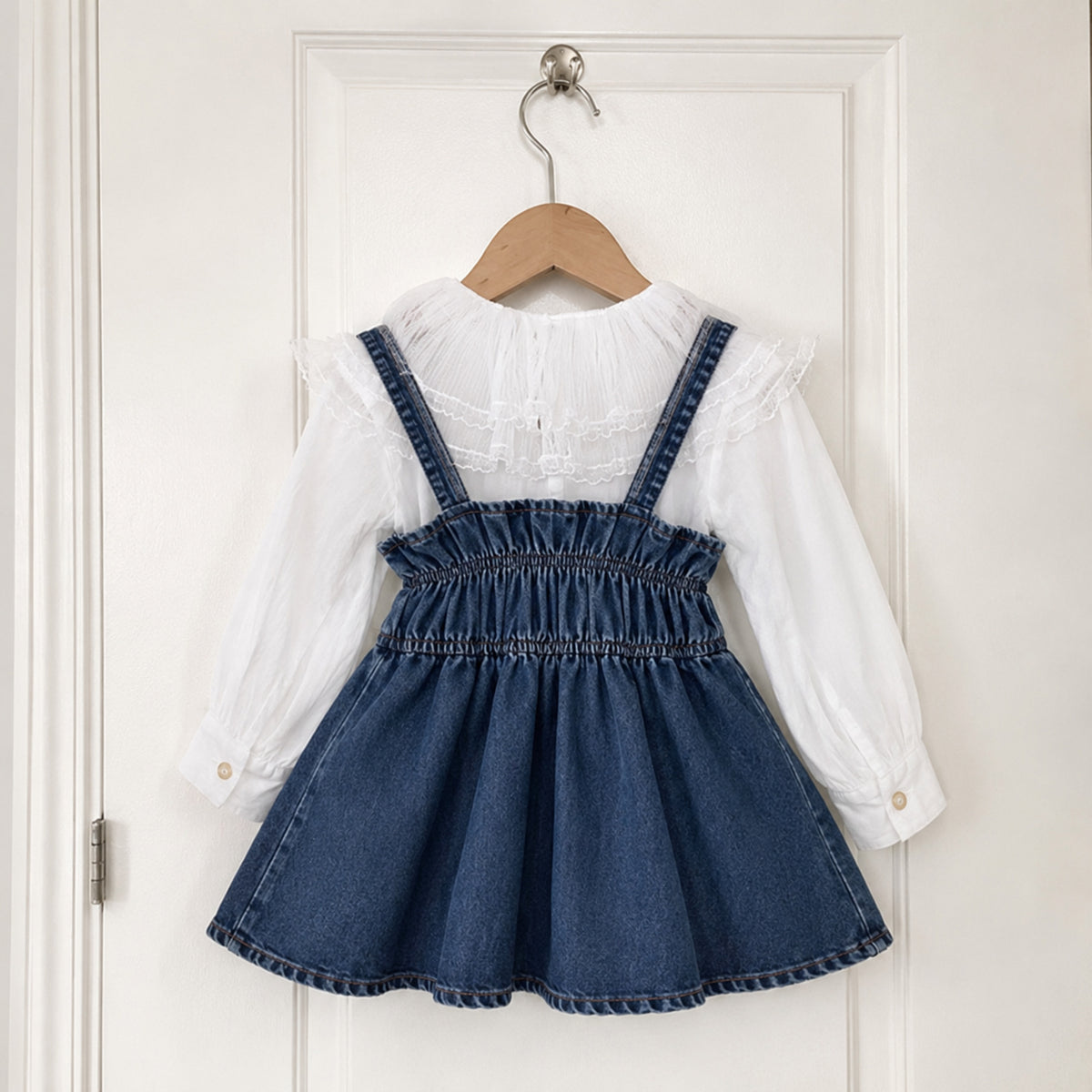 Girls Denim Pinafore Set or Ivory Pleated Dress — fabric and seam detail