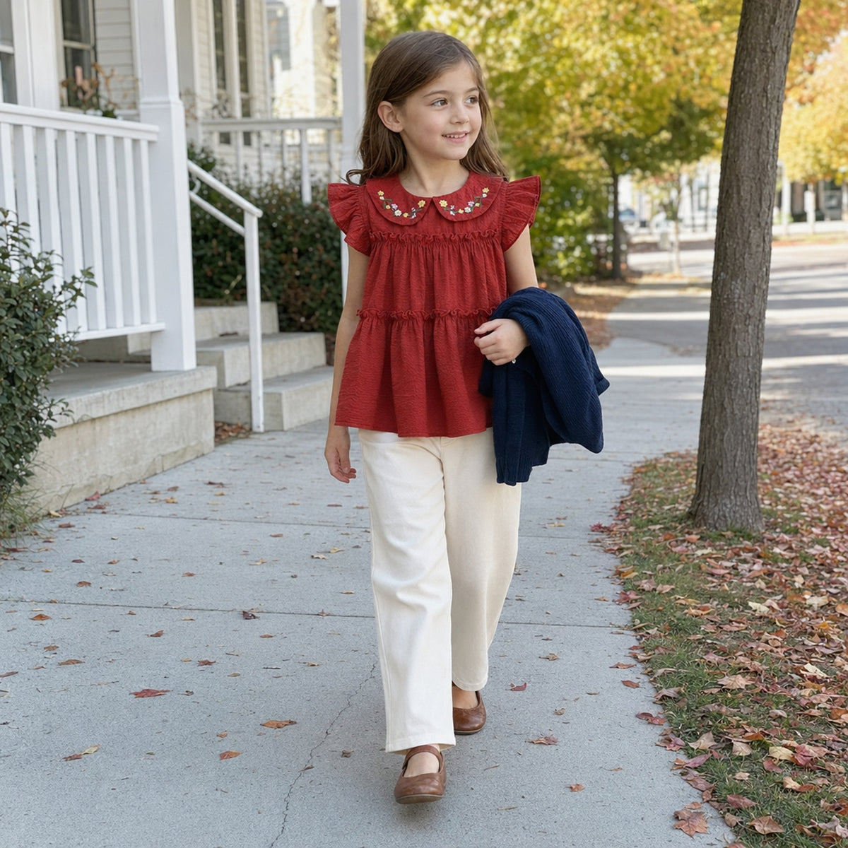 Girls Floral Embroidered Cotton Separates, Ruffle Dress Top or Pants — alternate-age lifestyle view