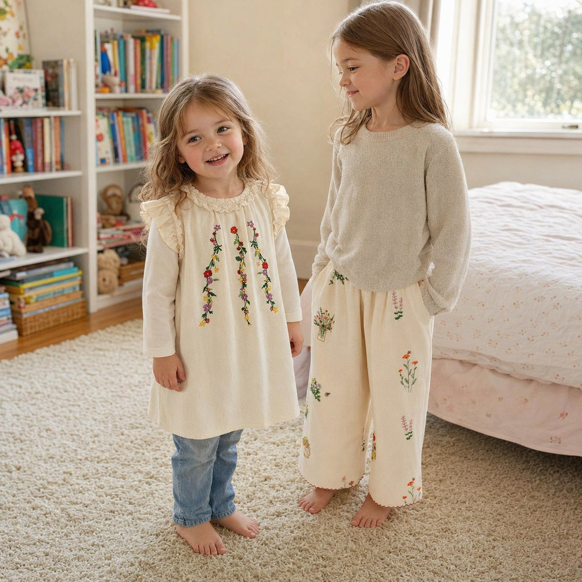 Girls Floral Embroidered Cotton Separates, Ruffle Dress Top or Pants — candid everyday styling