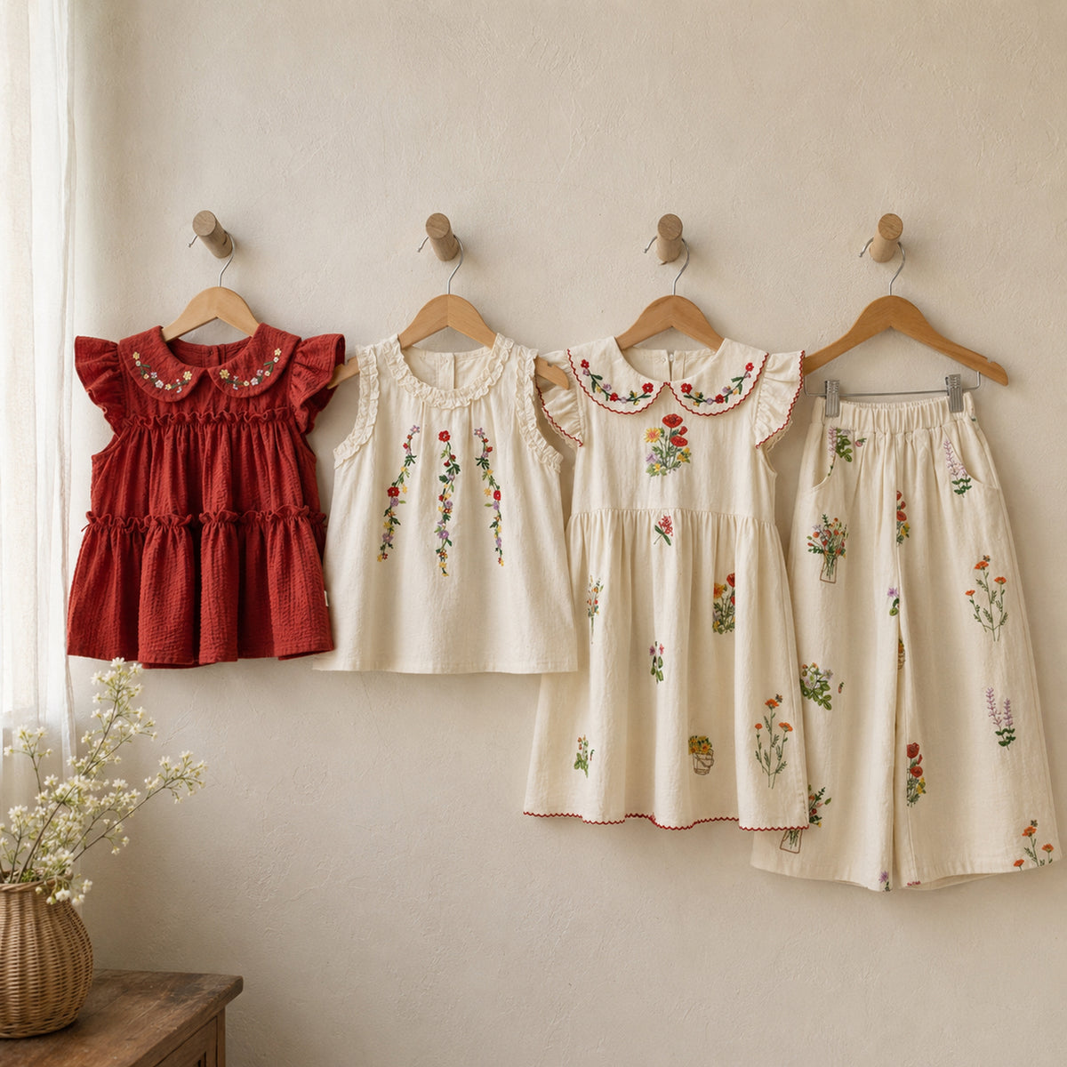 Girls Floral Embroidered Cotton Separates, Ruffle Dress Top or Pants — wooden hanger product view