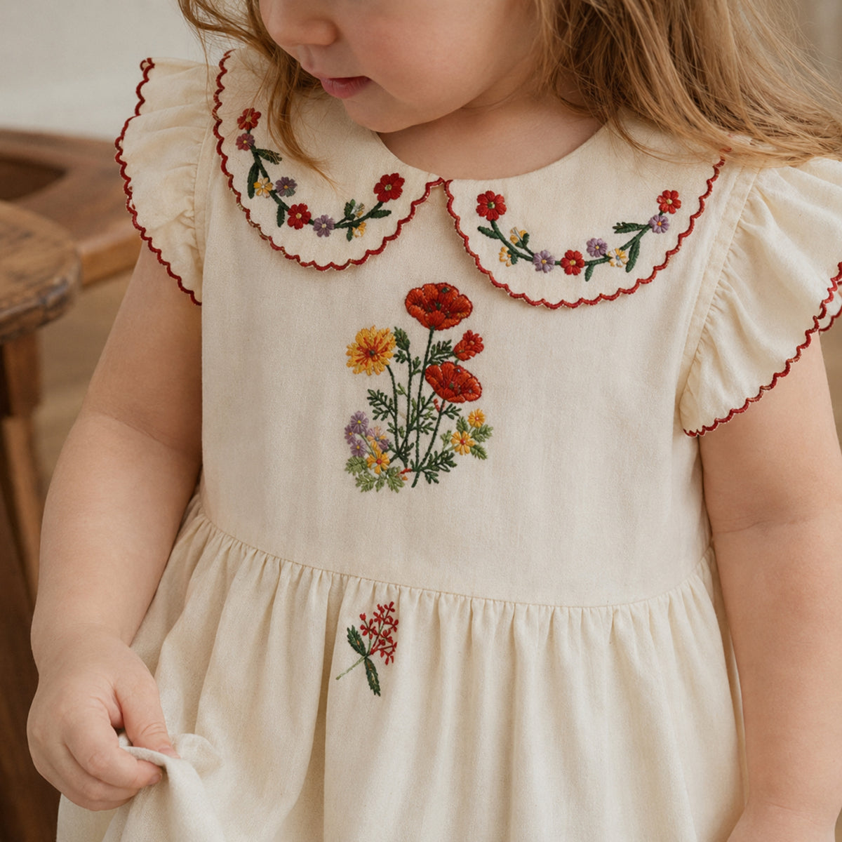 Girls floral embroidered cotton separates — floral collar and bodice close-up