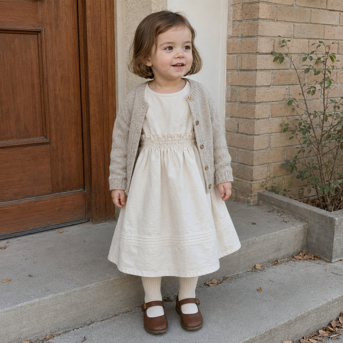 Girls Ivory Cotton Linen Dress, Neutral Back to School Outfit — natural lifestyle front view