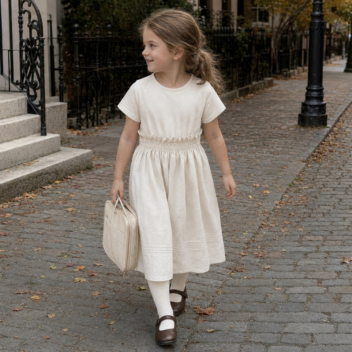 Girls Ivory Cotton Linen Dress, Neutral Back to School Outfit — alternate-age lifestyle view