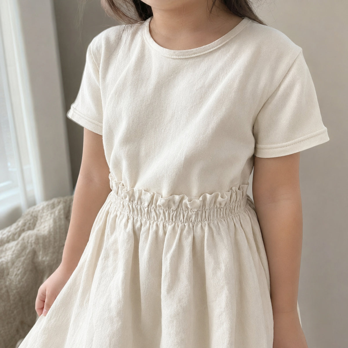 Girls Ivory Cotton Linen Dress, Neutral Back to School Outfit — second lifestyle angle