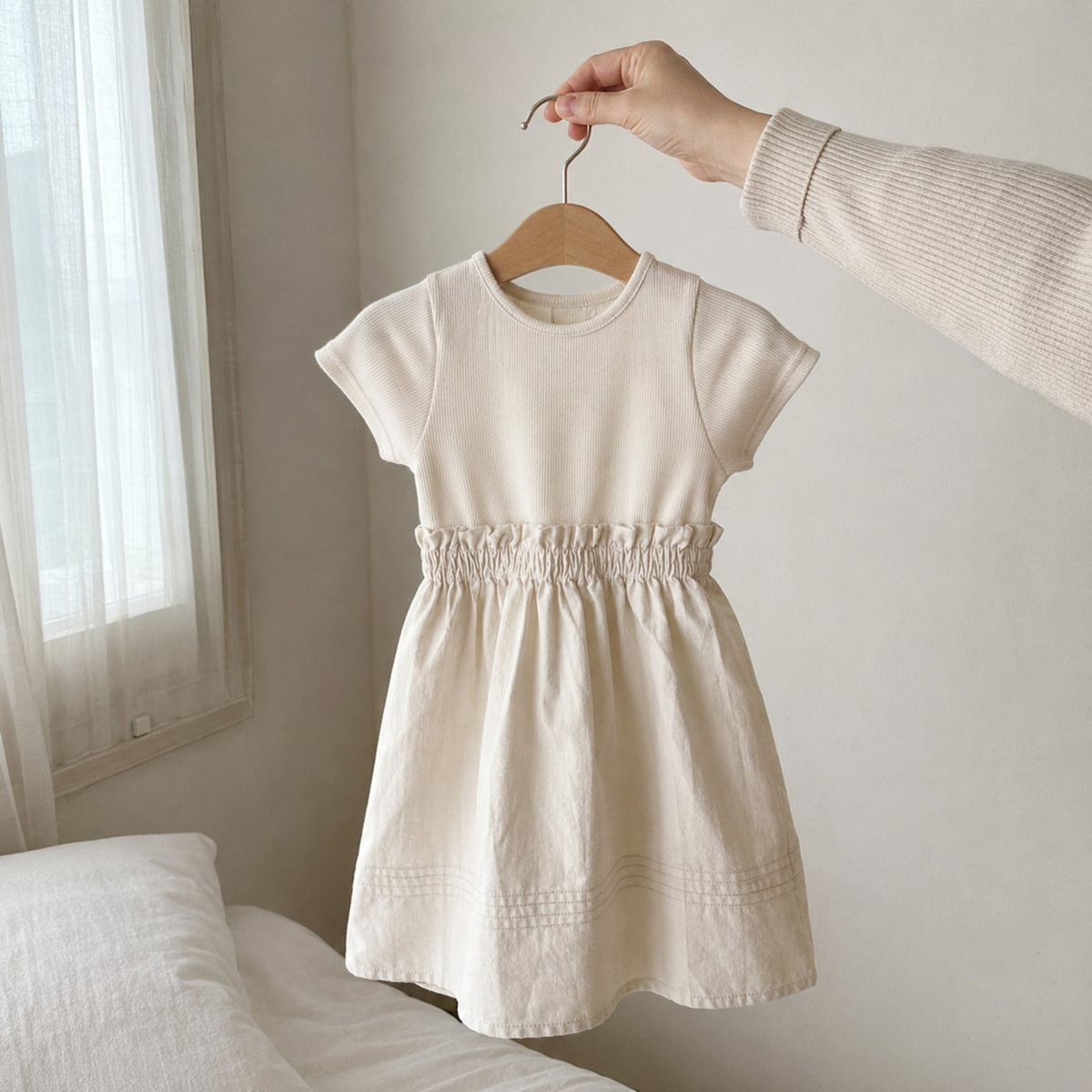 Girls Ivory Cotton Linen Dress, Neutral Back to School Outfit — wooden hanger product view