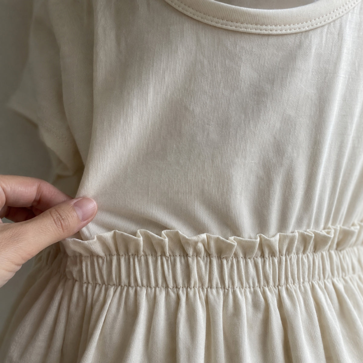 Girls Ivory Cotton Linen Dress, Neutral Back to School Outfit — neckline and bodice close-up