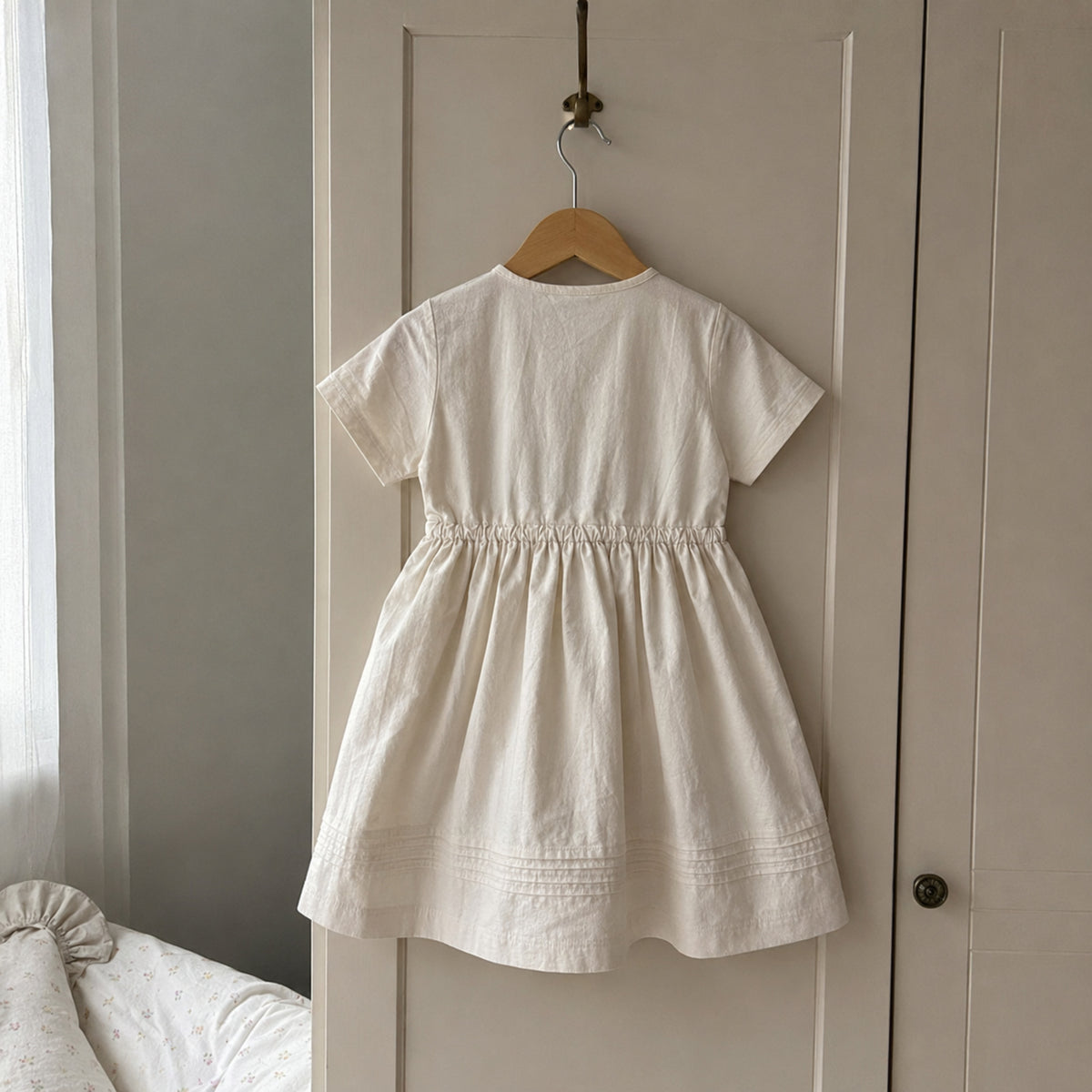 Girls Ivory Cotton Linen Dress, Neutral Back to School Outfit — fabric and seam detail