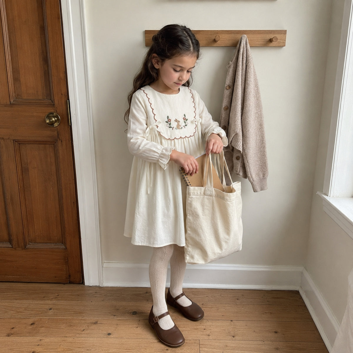 Girls Ivory Embroidered Cotton Dress, Long Sleeve Fall Toddler Outfit — alternate-age lifestyle view